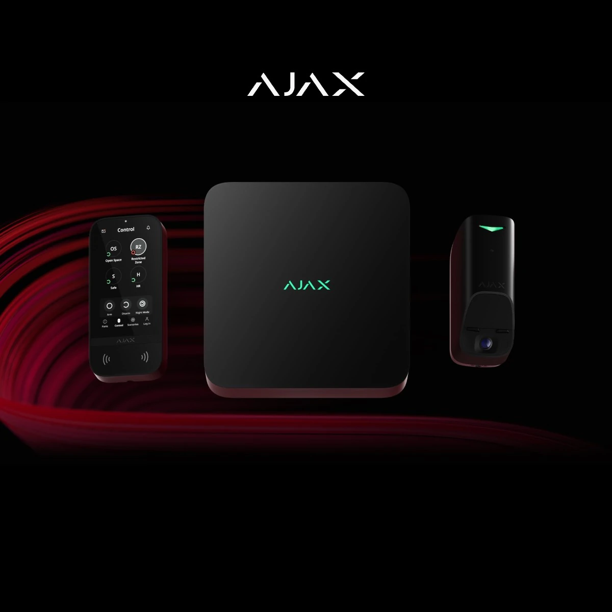 Conjunto de dispositivos Ajax con central, pantalla de control y videoportero