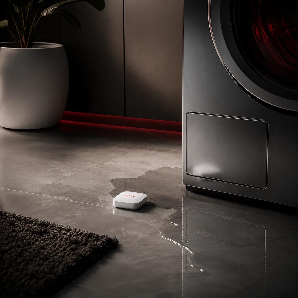 Detector Ajax LeaksProtect avisando de una fuga de agua junto a un electrodoméstico