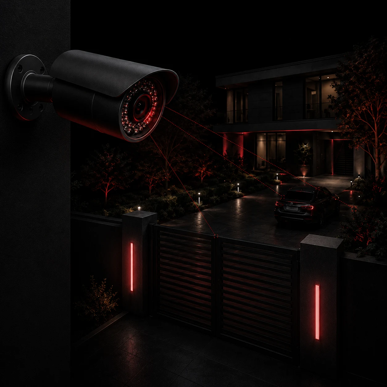 Cámara de videovigilancia vigilando el acceso a una vivienda moderna con iluminación roja