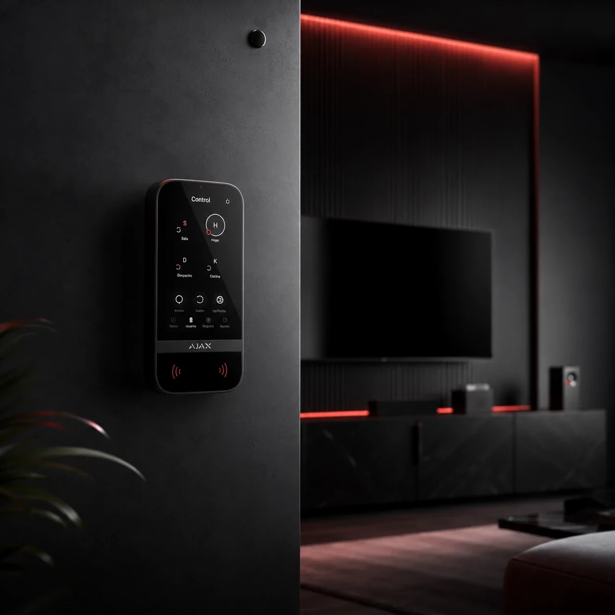 Panel Ajax integrado en una vivienda moderna con iluminación roja